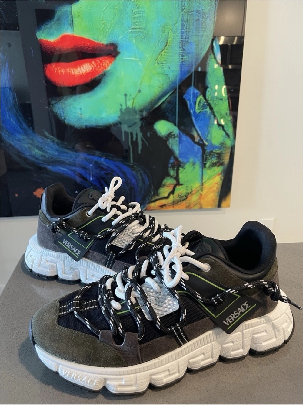 Versace Black & Olive Chain-Textured Chunky Sneakers SZ 41 IT